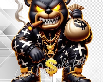Hip Hop Teddy Bear PNG, Gangsta Bear PNG, Cool Bear with Money Bag, Streetwear Cartoon Clipart, Urban Graffiti Style Digital Download