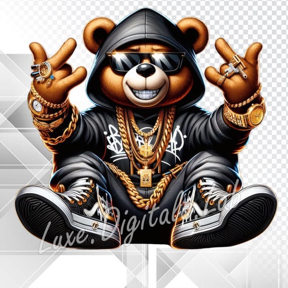 Gangster Teddy Bear PNG, Cool Hip Hop Teddy Bear PNG, Streetwear Clipart, Urban Swag Digital Illustration File, Transparent Background