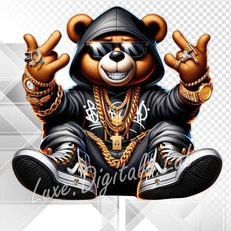 May include: A brown teddy bear wearing a black hoodie, sunglasses, and gold jewelry, including chains, rings, and a watch. The bear is also wearing black and white sneakers. The image has a digital art style.
