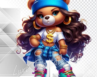 Hip Hop Girl Teddy Bear PNG, Cool Female Teddy Bear, Cartoon Girl Teddy Bear, Trendy Teddy Bear Digital Download, Transparent Background