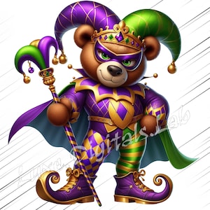 May include: A cartoon bear dressed in a purple and gold jester costume with a green cape and hat. The bear wears a mask and a crown, holding a staff with green and purple accents. The bear's shoes have curled toes.