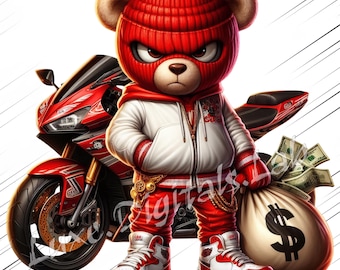Teddy Bear Biker Thief PNG, Gangsta Bear with Money Bag, Street Urban Teddy Clipart, Cool Hip Hop Bear Art, Stylish Thug Teddy Clipart
