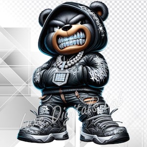 Puede incluir: Ilustración digital de un oso negro con una chaqueta con capucha negra, jeans rasgados y zapatillas deportivas. El oso tiene una parrilla con incrustaciones de diamantes y un collar con colgante de diamantes. El oso está de pie con los brazos cruzados.