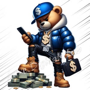 Hip Hop Money Teddy Bear PNG, Cool Urban Streetwear Bear Clipart,Hip Hop Teddy Bear Digital Download, Transparent Background, 300 DPI