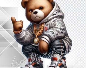 Oso de peluche hip hop genial PNG, clipart de ropa urbana, descarga digital de estilo urbano, diseño de oso de peluche con sublimación urbana, fondo transparente