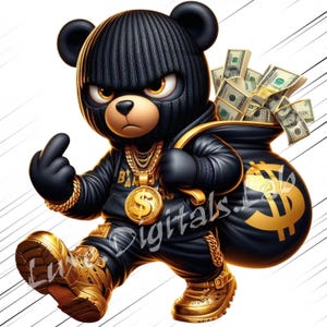以下が含まれることがあります： 黒いバラクラバ、黒いジャケット、金のジュエリーを身に着けた黒いクマの漫画イラスト。クマは金のドル記号と札束が入った黒いお金のバッグを持っています。クマは中指を立てています。