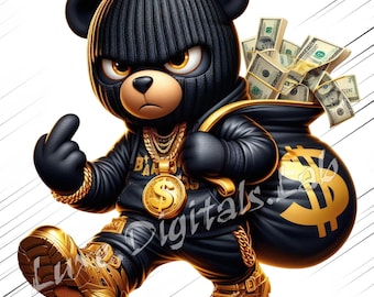 Teddy Thief PNG, Gangsta Bear with Money Bag,Teddy Bear Clipart, Urban Streetwear Thug Bear Art, Hip Hop Teddy Digital Download, 300 DPI