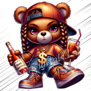 Hip Hop Female Teddy Bear Graffiti Cartoon PNG Digital Download, Cool Teddy Bear Png, Hip Hop Bear with Bottle, Gold Dollar Chain & Sneakers