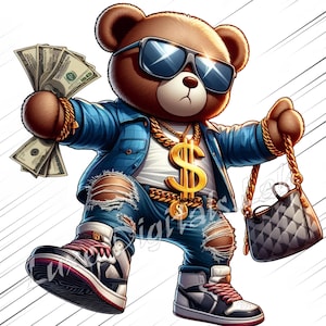 Cool Hip Hop Teddy Bear PNG, Streetwear Money Bear Clipart with Cash, Urban Fashion Digital Download, Transparent Background, 300 DPI