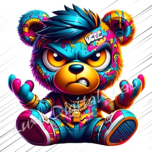 Puede incluir: Un oso de peluche de estilo caricatura con una expresión enfadada. El oso está adornado con vibrantes patrones de estilo grafiti en azul, rosa, amarillo y naranja. Lleva una cadena de oro y un colgante de candado. La palabra "WEZE" está en su frente.