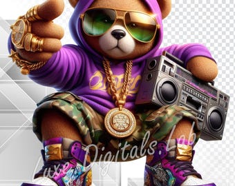 Urban Gangsta Teddy Bear PNG, Hip Hop Teddy Bear PNG, Urban Streetwear Bear with Boombox, Sublimation Design, Transparent Background