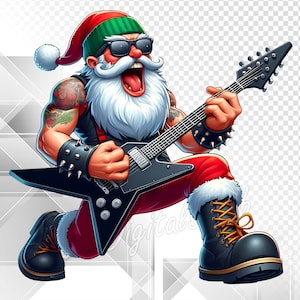 Puede incluir: Ilustración de Papá Noel tocando una guitarra eléctrica negra. Papá Noel lleva gafas de sol, un gorro rojo y verde y un chaleco de cuero negro. Tiene tatuajes en los brazos y lleva botas negras con ribete de piel.