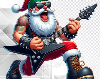 Rock and Roll Santa PNG, Christmas Png, Santa With Guitar Png, Christmas Clipar, Transparent Background, Sublimation Design, 300 DPI