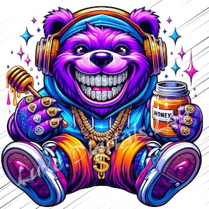 Diamond Smile Teddy Bear PNG, Graffiti Bear Png, Hip Hop Teddy Bear Png, Urban Teddy Bear, Streetwear Bear Shirt, Dripping Honey Png