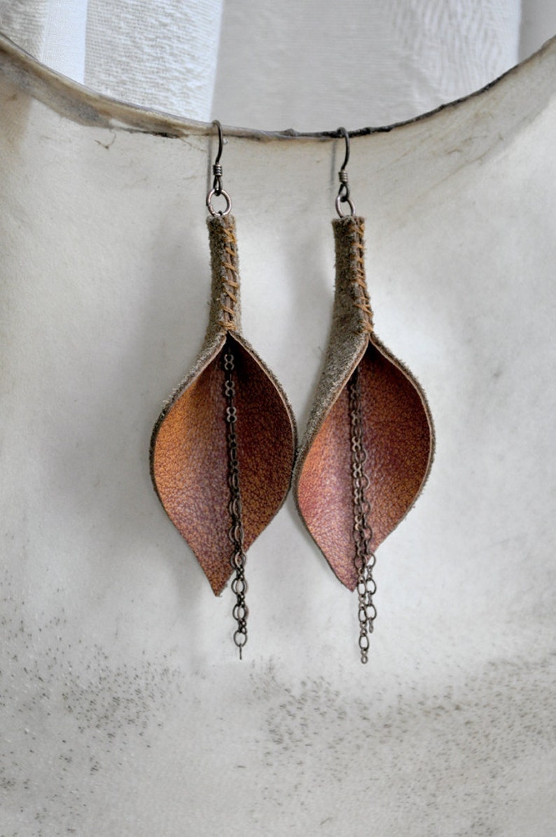 Burnt Orange Genuine Leather Calla Lily Earrings with Chain Etsy