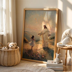 May include: A painting of Jesus Christ with a young girl in a white dress. Jesus is wearing a white robe and has a beard. The painting is set against a background of a field and a sunset.
