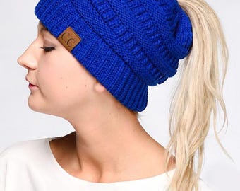 REFRIE Women's Ponytail Beanie Messy Bun Top Opening Hat Cap