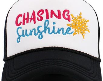 CHASING SUNSHINE Embroidered Letter Foam Trucker Hat with Stone Sun and String Mesh Cap