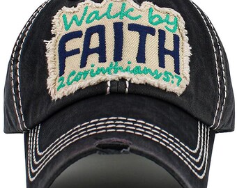 WALK BY FAITH Letter Patch Washed Vintage Baseball Cap