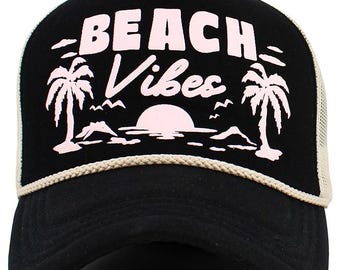 BEACH VIBES Letter Foam Trucker Hat with Tropical Tree and Hat