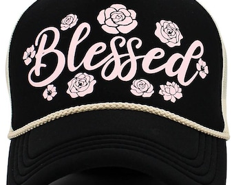 BLESSED Letter Foam Trucker Hat with Rose and String Mesh Cap