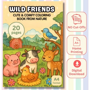 Wild Friends Coloring Book 20 A4 Coloring Pages Easy & Bold For Kids Toddlers, Preschool Activities, Digital Coloring Sheets, Farm Animals