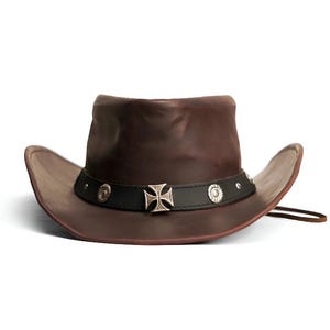 Handmade Brown Leather Cowboy Hat | Western Outback Hat for Men | Steampunk Gothic Leather Hat with Cross Concho | Vintage Style