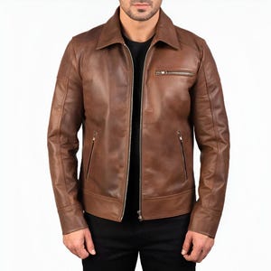Men&#39;s Brown Leather Jacket – Genuine Lambskin Biker Coat – Slim Fit Casual Outerwear – Vintage Motorcycle Style – Handmade Gift for Him