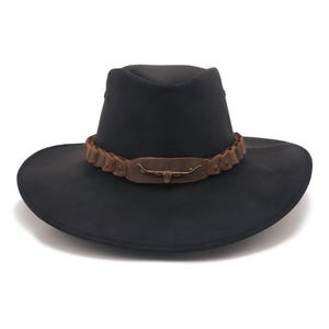 Black Leather Cowboy Hat with Western Bull Concho | Handmade Wide Brim Outback Hat for Men & Women | Vintage Western Style Gift