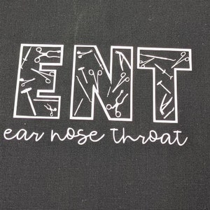 May include: White text on a black background reads "ENT ear nose throat" with the letters E, N, and T filled with white outlines of medical tools.