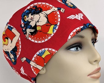 Red woman scrub cap.. ponytail, hybrid, surgeon cap