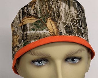 Camo Ponytail Scrub Cap: Orange Band, Handmade Nurse Hat