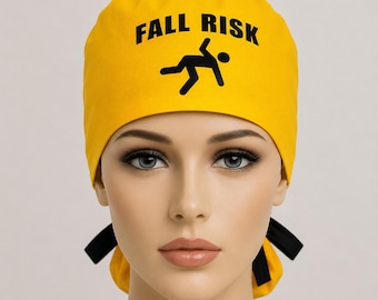 Fall Risk Scrub Cap | Funny Nurse Scrub Hat | Ponytail, Hybrid & Bouffant Surgical Cap | CNA RN Gift | Yellow Medical Hat