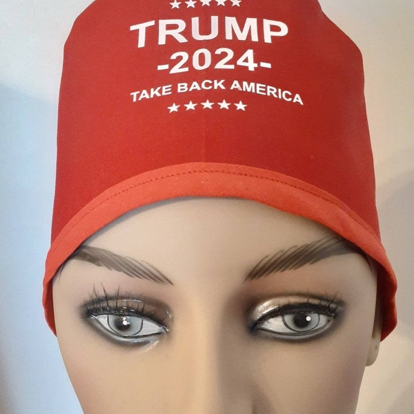 Trump 2024 scrub hat. Men's, ponytail, hybrid, bouffant and pixie and surgeon cap