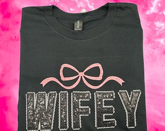 Wifey 3D embroidery lace and sequins T shirt