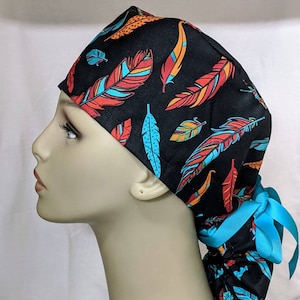 Turquoise feathers ponytail scrub hat