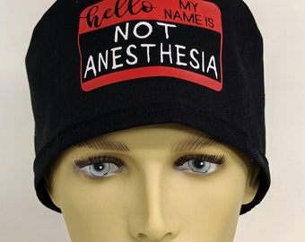 Funny anesthesia scrub cap. Men&#39;s, ponytail, hybrid, pixie, bouffant