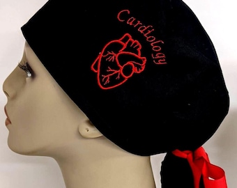 Cardiology heart embroidered  scrub hat ponytail, hybrid