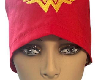 Embroidered Yellow Scrub Hat: Red Woman Ponytail, Hybrid, Men's - Free Ship