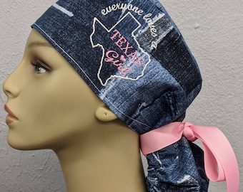 Embroidered Texas Girl ponytail, hybrid, surgeon scrub hat