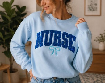 Nurse  tshirt sweatshirt sequins with embroidered bow