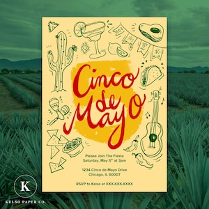 Invitación a la fiesta del Cinco de Mayo, Fiesta, Mexicana, Tacos, Margaritas, Editable, Descargable.