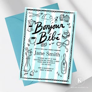 Baby Shower Invitation, Bonjour Bebe, Editable.