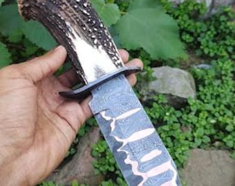 Copper Damascus Hand Made Hand Forged  Hunting Beechcraft Camping Fix Blade  Bowie knife  Stag Horn Handle with Leather Sheath