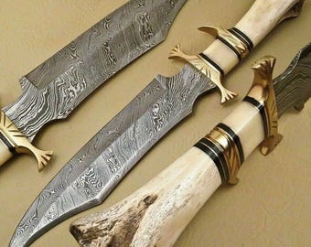 Handmade Damascus Steel Hunting Bowie Knife | Camel Bone Handle | Best for Camping Personalized Gift For Him | Custom Knife for Father's day