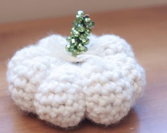 May include: A white crocheted pumpkin with a green beaded stem. The pumpkin is a home decor item.