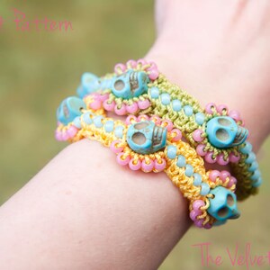 May include: Three crocheted bracelets with turquoise skull beads. The bracelets are in shades of pink, yellow, and green.