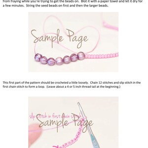 May include: Close-up of a pink crochet project with a crochet hook. The text "slip stitch in first chain stitch" and "Sample Page" is visible.