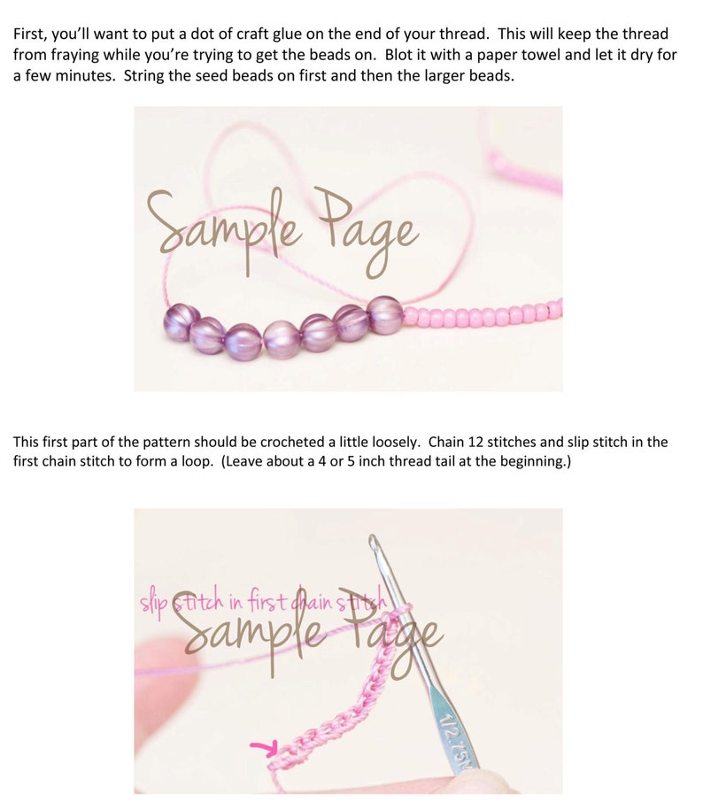May include: Close-up of a pink crochet project with a crochet hook. The text "slip stitch in first chain stitch" and "Sample Page" is visible.