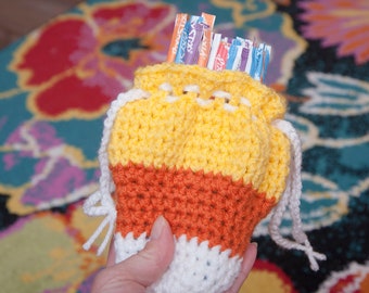 Crochet Candy Corn Pattern, Halloween Crochet, Drawstring Bag, Candy Corn Bag, Crochet Fall Patterns, Treat Bag, Crochet Pouch (94)